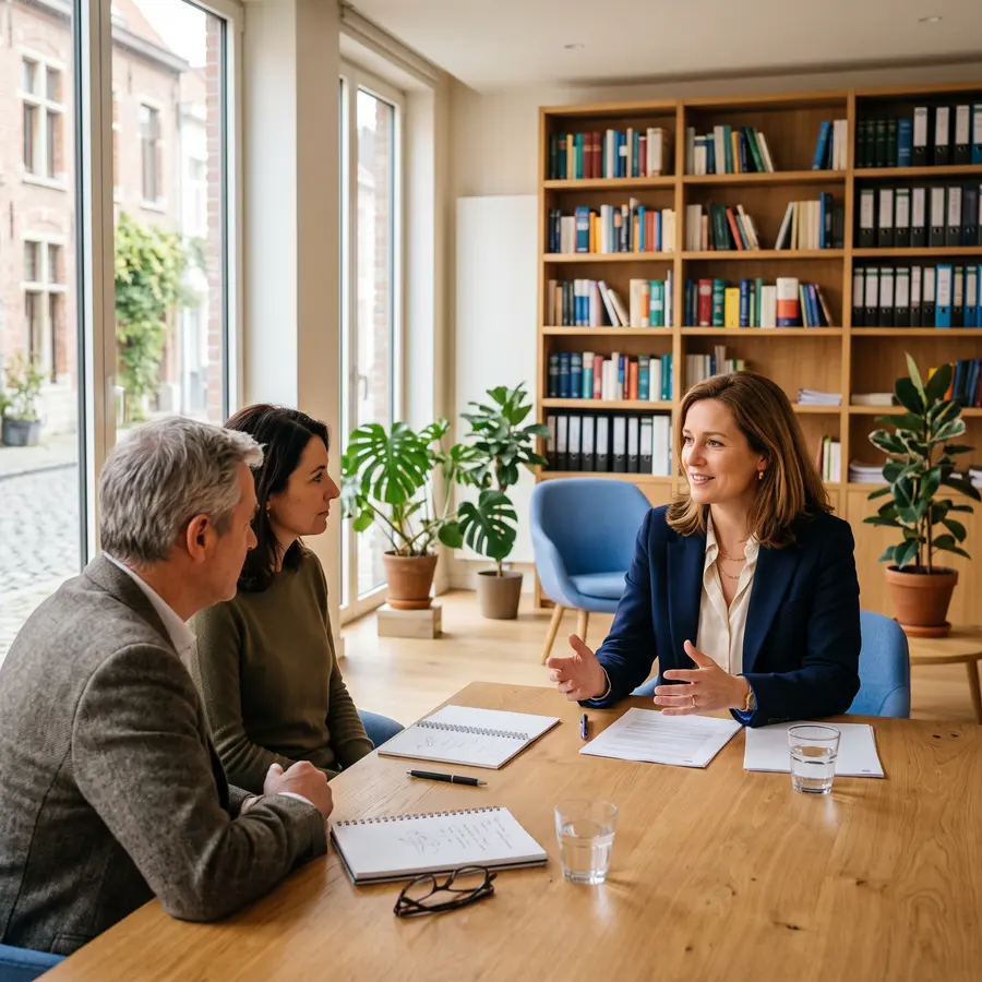 Advocate in gesprek met een koppel in een licht advocatenkantoor
