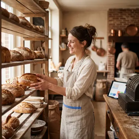 Bakker legt vers brood in de rekken van een ambachtelijke bakkerij