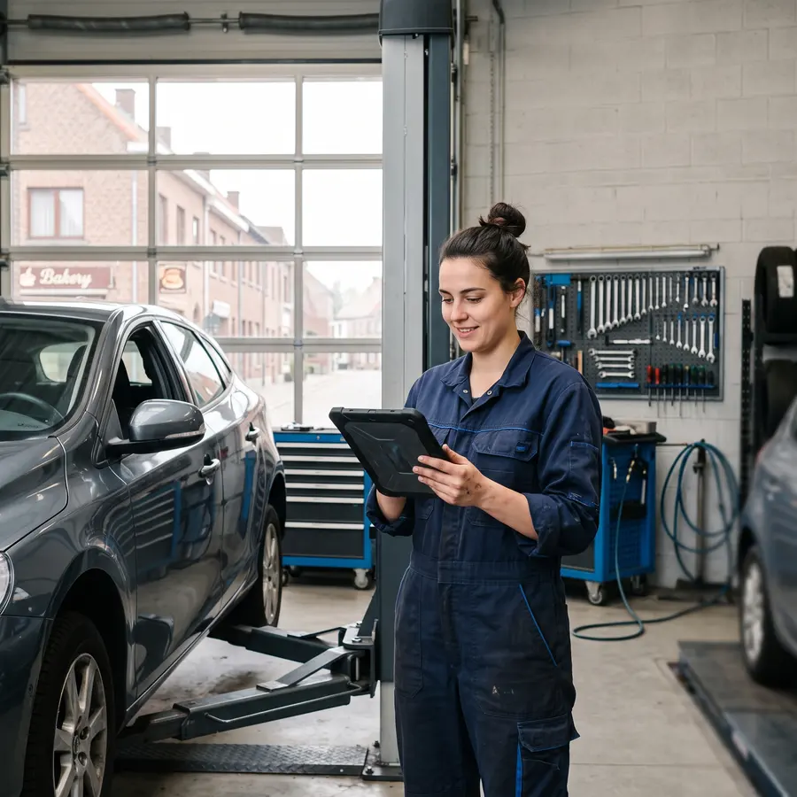 Mecanicien bekijkt afspraken op een tablet in een moderne garage