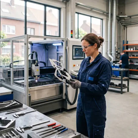 Vakvrouw controleert een lasergesneden onderdeel in een moderne werkplaats