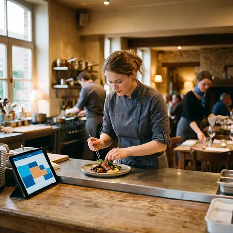 Chef werkt een bord af in de open keuken van een brasserie