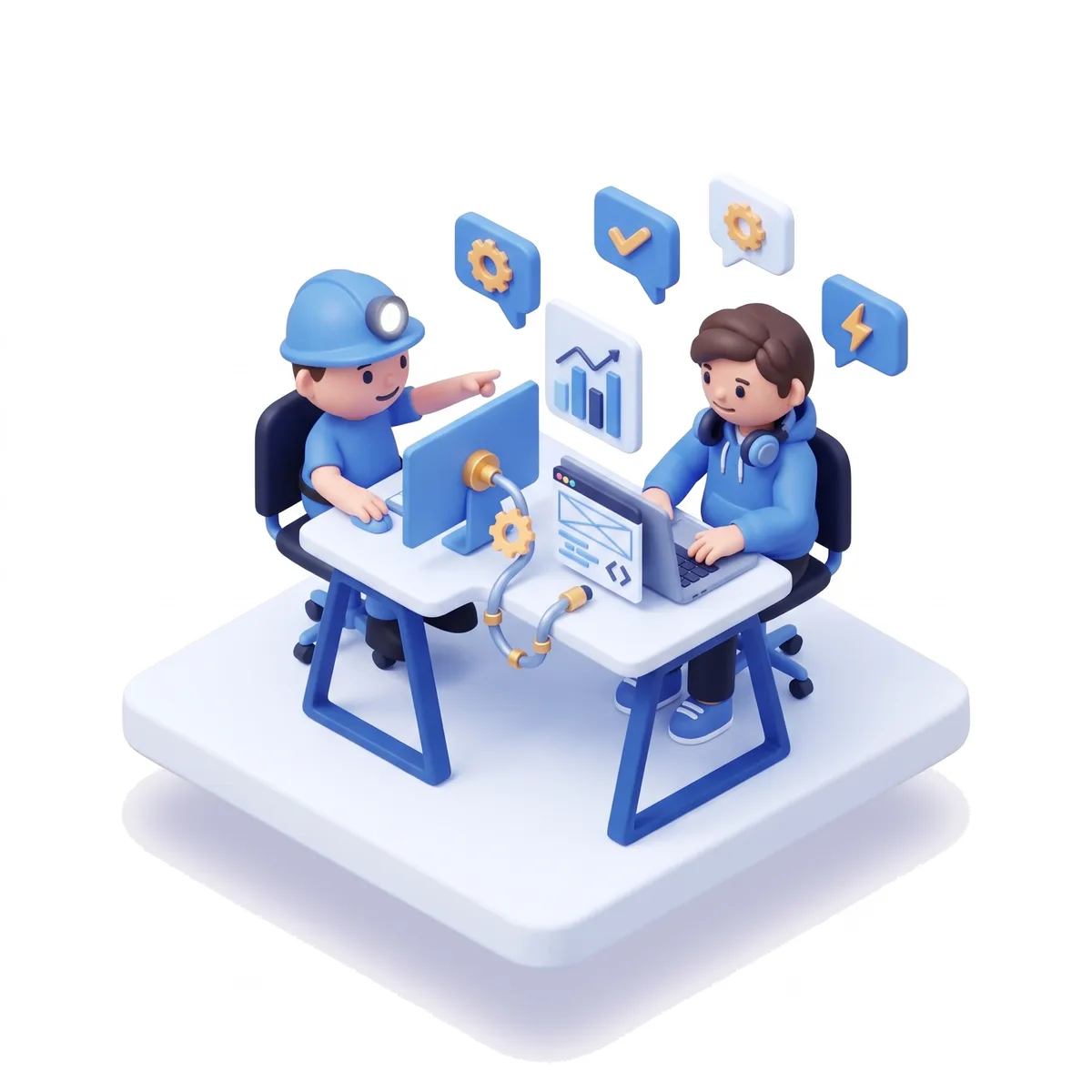 Illustratie van een AdMiners-mijnwerker en een webdeveloper die samen aan een bureau werken, met grafieken en een websiteontwerp: nauwe samenwerking voor betere Google Ads-campagnes